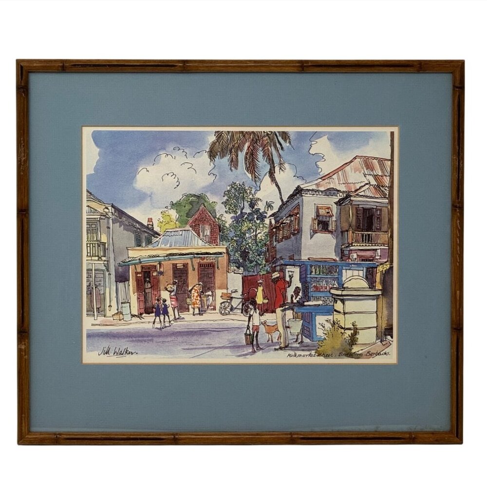 Jill Walker Barbados Framed Print – Caribbean Street Scene Art 17x14.75" Vintage